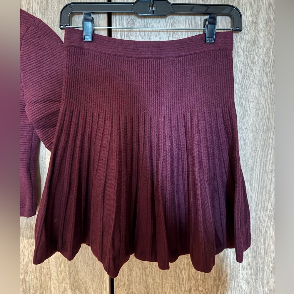 NWT Alice + Olivia Merlot Ribbed Knit Sweater & Pleated Skirt Set XS